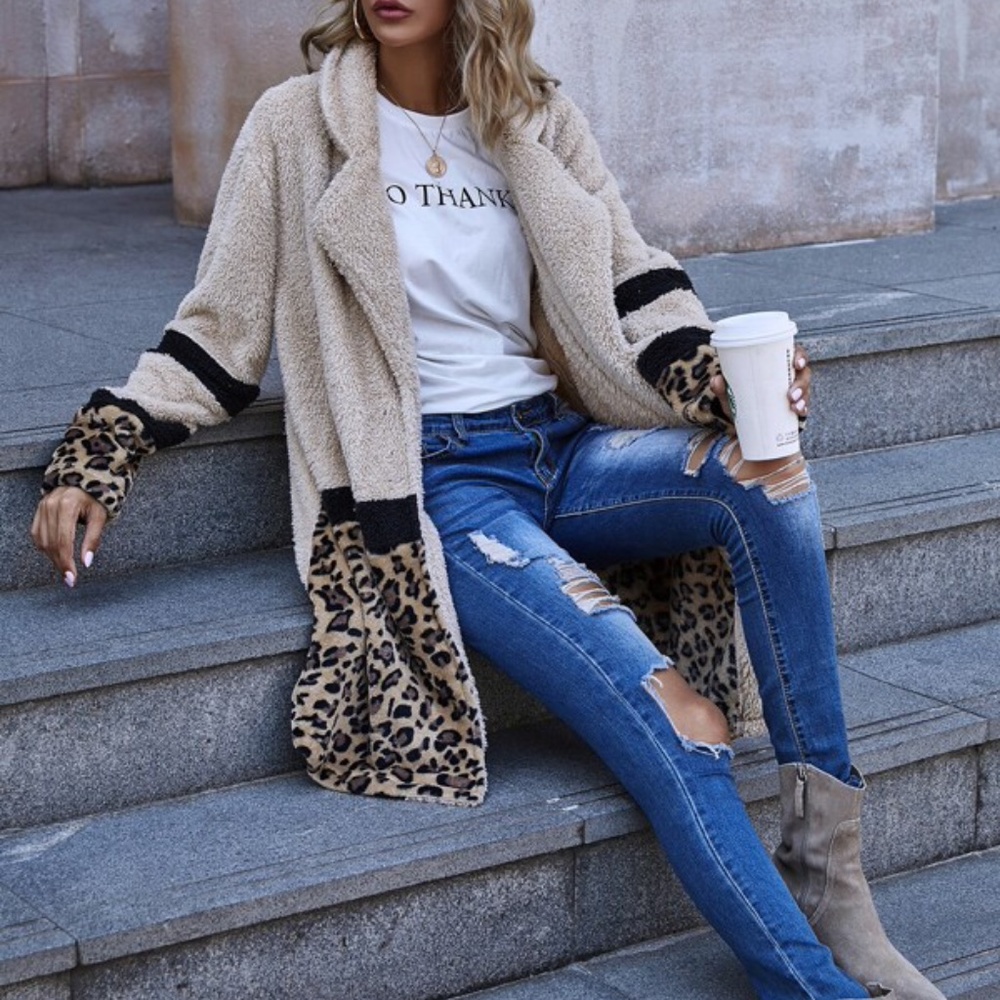 Cream Leopard Print Teddy Open Front Jacket Coat - Picture 5 of 5